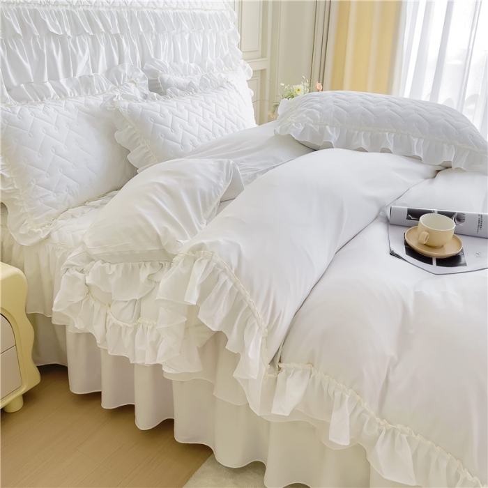 91家纺网 家纺一手货源 找家纺 十个点 2024新款水洗棉磨毛夹棉纤缝床裙套件星辰系列-四件套 珠光白