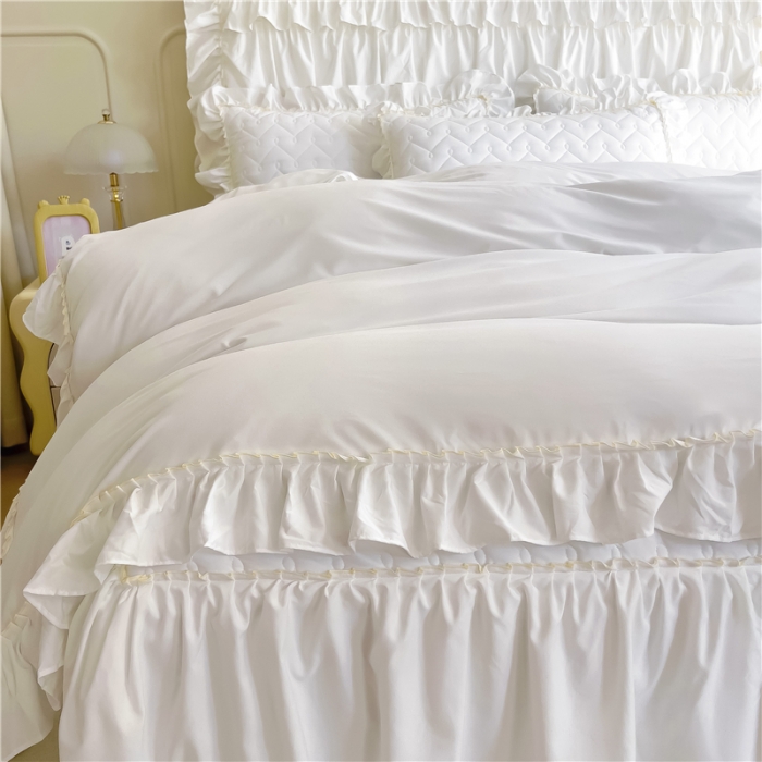 91家纺网 家纺一手货源 找家纺 十个点 2024新款水洗棉磨毛夹棉纤缝床裙套件星辰系列-四件套 珠光白