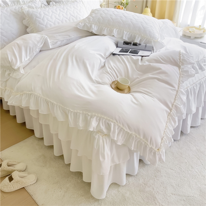 91家纺网 家纺一手货源 找家纺 十个点 2024新款水洗棉磨毛夹棉纤缝床裙套件星辰系列-四件套 珠光白