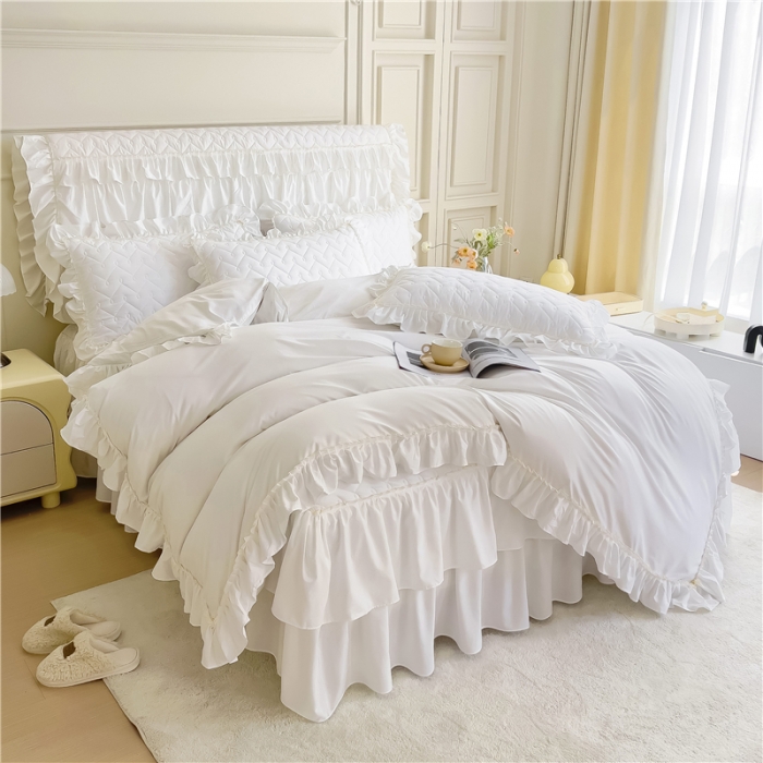 91家纺网 家纺一手货源 找家纺 十个点 2024新款水洗棉磨毛夹棉纤缝床裙套件星辰系列-四件套 珠光白