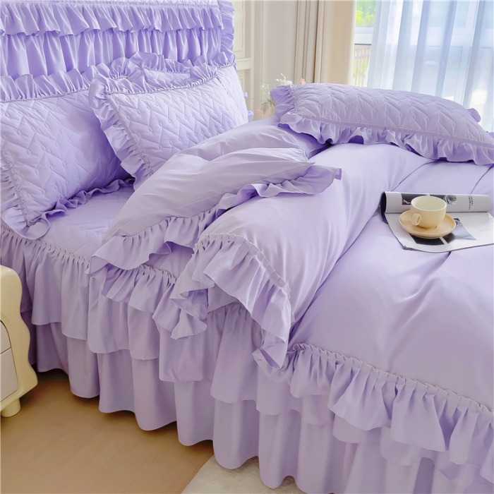 91家纺网 家纺一手货源 找家纺 十个点 2024新款水洗棉磨毛夹棉纤缝床裙套件星辰系列-四件套 紫色