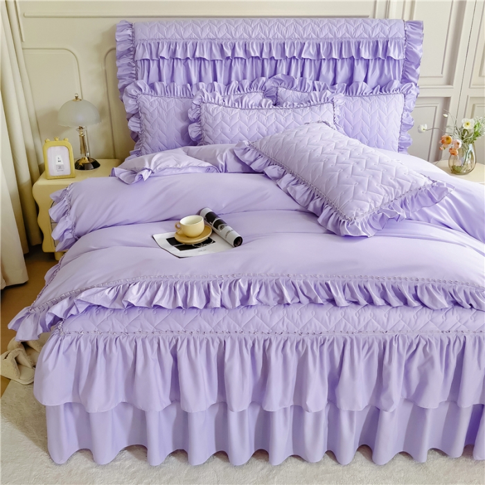 91家纺网 家纺一手货源 找家纺 十个点 2024新款水洗棉磨毛夹棉纤缝床裙套件星辰系列-四件套 紫色