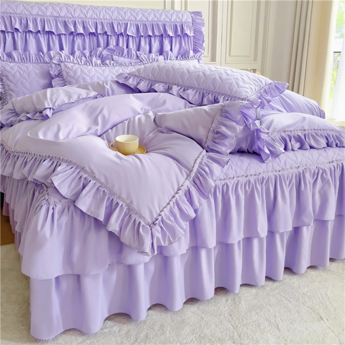 91家纺网 家纺一手货源 找家纺 十个点 2024新款水洗棉磨毛夹棉纤缝床裙套件星辰系列-四件套 紫色