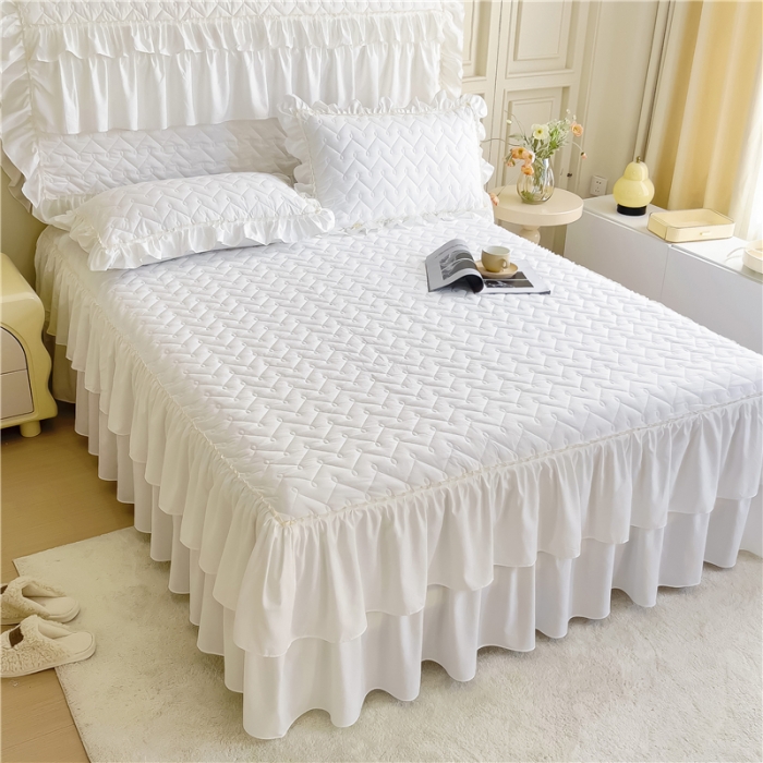 91家纺网 家纺一手货源 找家纺 十个点 2024新款水洗棉磨毛星辰单品套件系列单床裙 珠光白