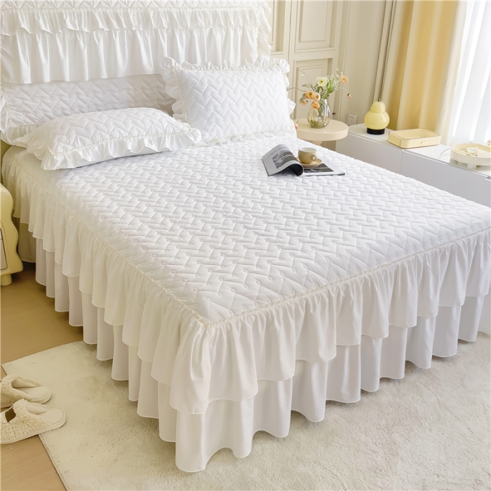 91家纺网 家纺一手货源 找家纺 十个点 2024新款水洗棉磨毛星辰单品套件系列单床裙 珠光白