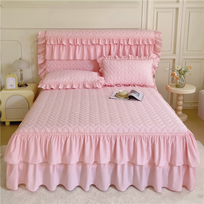 91家纺网 家纺一手货源 找家纺 十个点 2024新款水洗棉磨毛星辰单品套件系列单床裙 玉粉