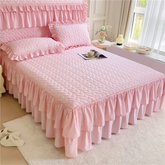 91家纺网 家纺一手货源 找家纺 十个点 2024新款水洗棉磨毛星辰单品套件系列单床裙 玉粉