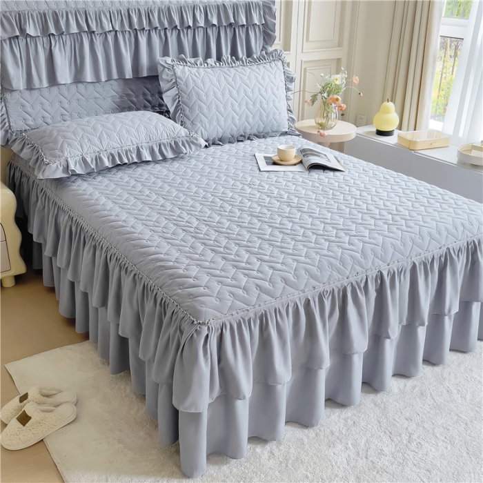 91家纺网 家纺一手货源 找家纺 十个点 2024新款水洗棉磨毛星辰单品套件系列单床裙 灰色