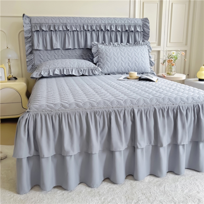 91家纺网 家纺一手货源 找家纺 十个点 2024新款水洗棉磨毛星辰单品套件系列单床裙 灰色