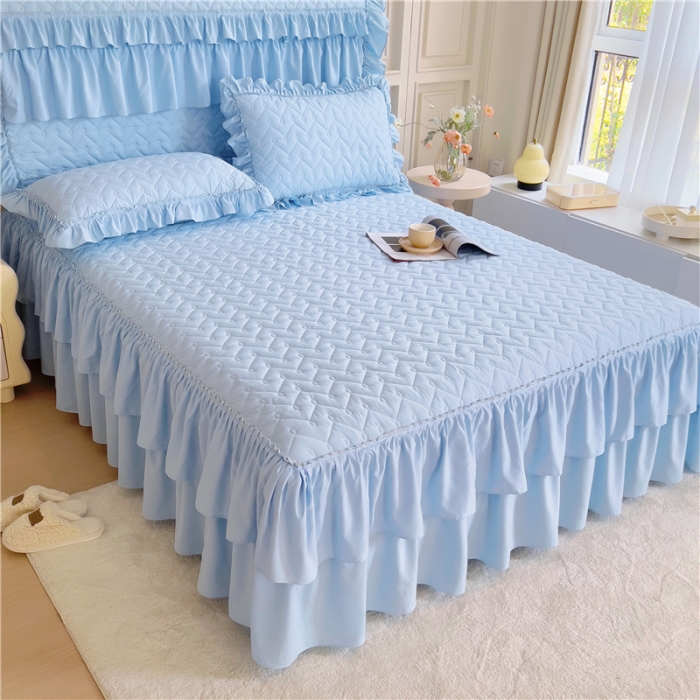 91家纺网 家纺一手货源 找家纺 十个点 2024新款水洗棉磨毛星辰单品套件系列单床裙 湖蓝