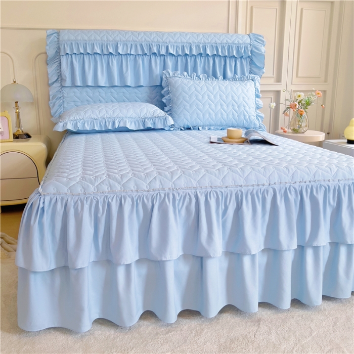 91家纺网 家纺一手货源 找家纺 十个点 2024新款水洗棉磨毛星辰单品套件系列单床裙 湖蓝