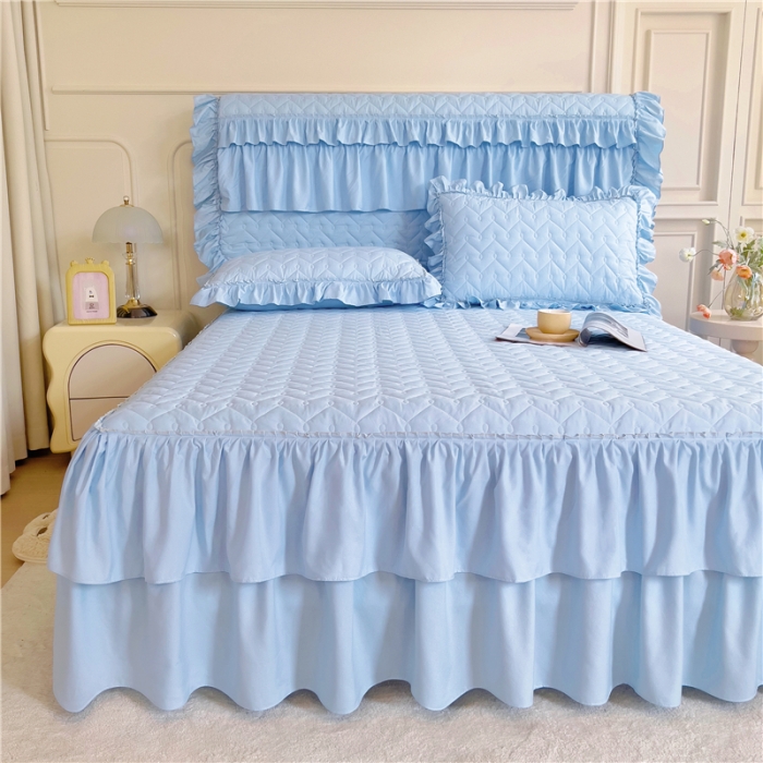 91家纺网 家纺一手货源 找家纺 十个点 2024新款水洗棉磨毛星辰单品套件系列单床裙 湖蓝