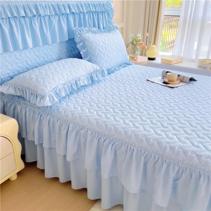 91家纺网 家纺一手货源 找家纺 十个点 2024新款水洗棉磨毛星辰单品套件系列单床裙 湖蓝