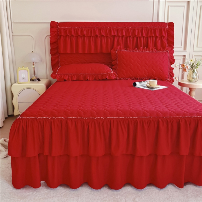 91家纺网 家纺一手货源 找家纺 十个点 2024新款水洗棉磨毛星辰单品套件系列单床裙 大红