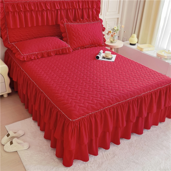 91家纺网 家纺一手货源 找家纺 十个点 2024新款水洗棉磨毛星辰单品套件系列单床裙 大红