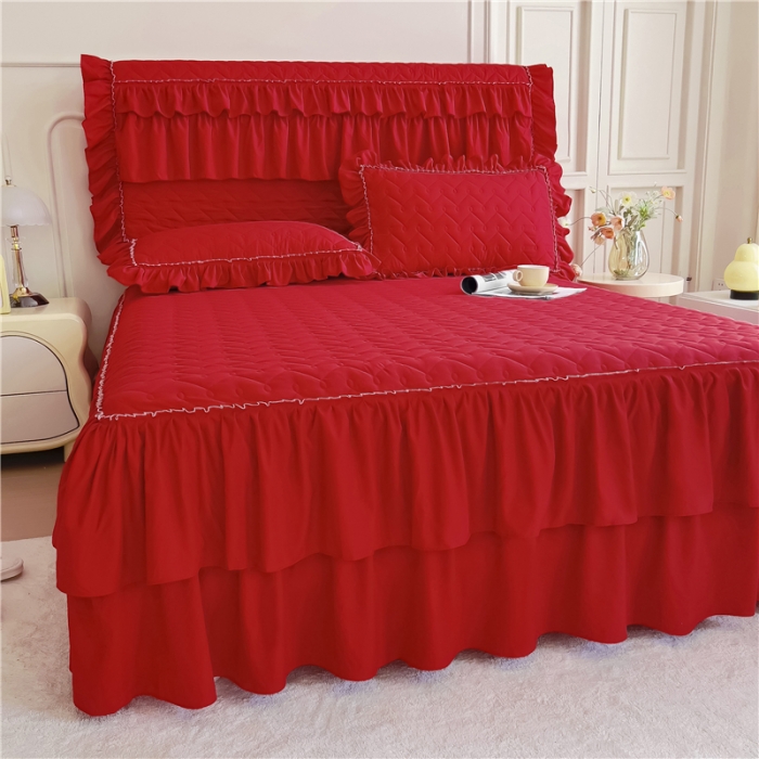 91家纺网 家纺一手货源 找家纺 十个点 2024新款水洗棉磨毛星辰单品套件系列单床裙 大红