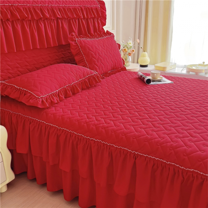 91家纺网 家纺一手货源 找家纺 十个点 2024新款水洗棉磨毛星辰单品套件系列单床裙 大红