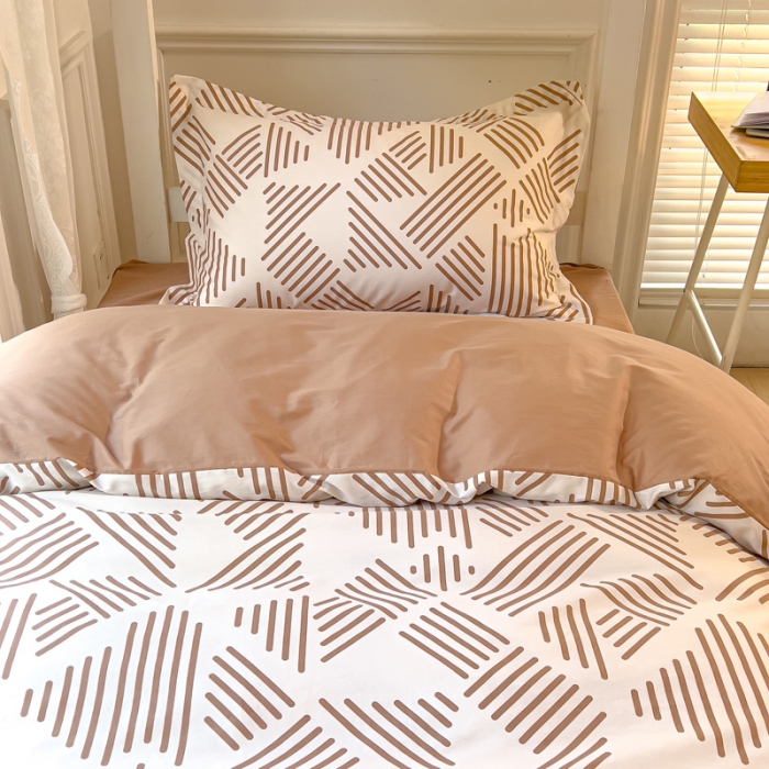 91家纺网 家纺一手货源 找家纺 金鑫汇 2023新款全棉宿舍印花三件套 简格-卡琪