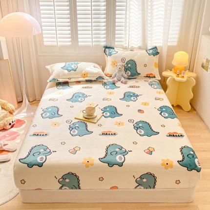 91家纺网 家纺一手货源 找家纺 欧邦 新款印花牛奶绒单品床笠 恐龙家族