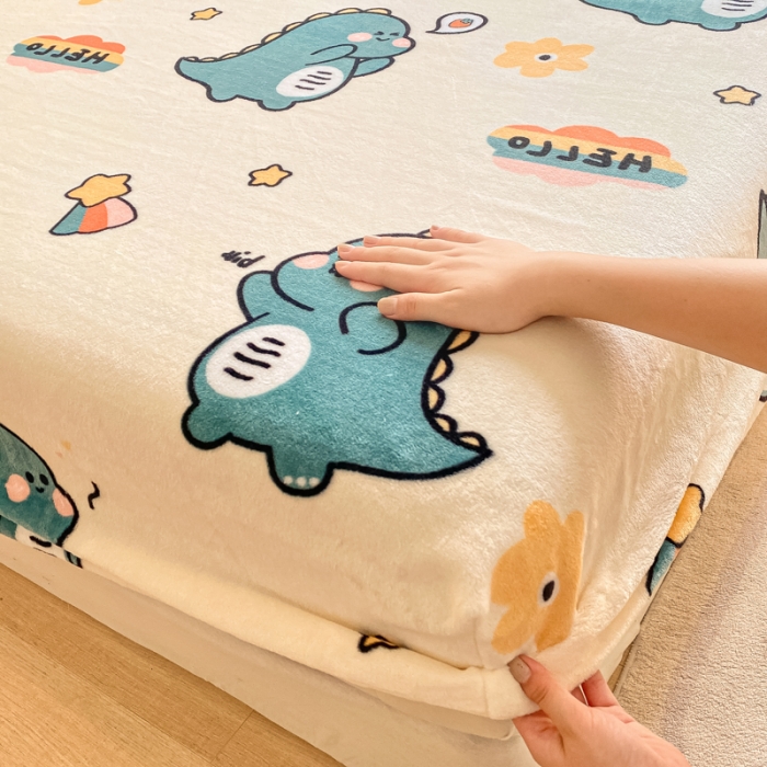 91家纺网 家纺一手货源 找家纺 欧邦 新款印花牛奶绒单品床笠 恐龙家族