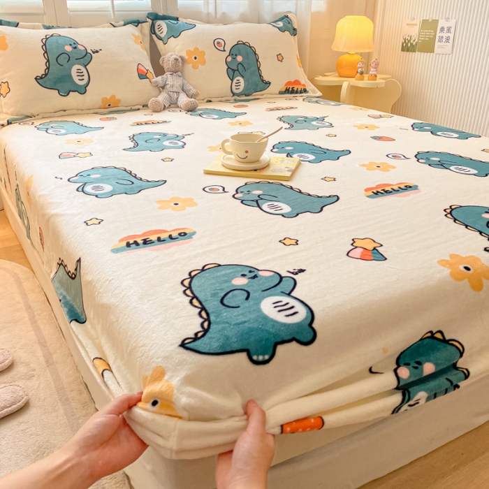 91家纺网 家纺一手货源 找家纺 欧邦 新款印花牛奶绒单品床笠 恐龙家族