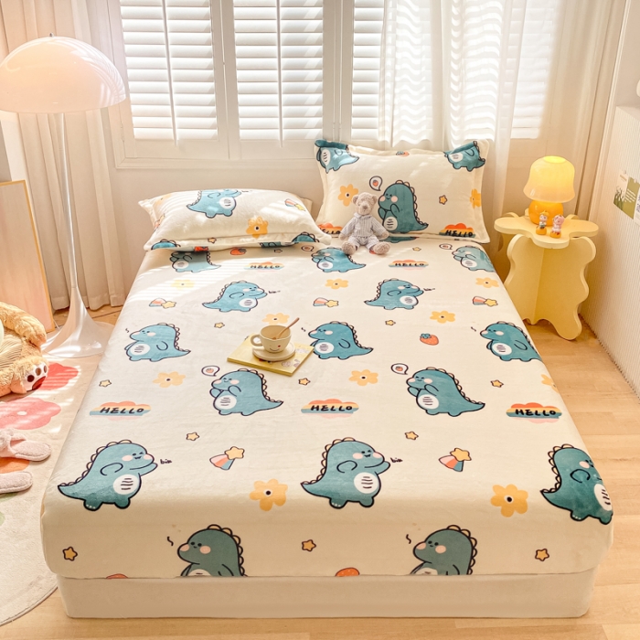 91家纺网 家纺一手货源 找家纺 欧邦 新款印花牛奶绒单品床笠 恐龙家族