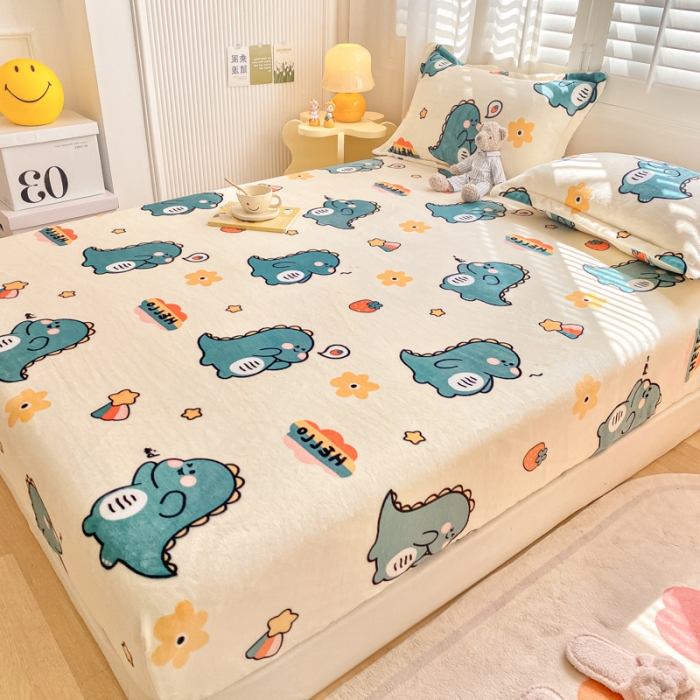 91家纺网 家纺一手货源 找家纺 欧邦 新款印花牛奶绒单品床笠 恐龙家族