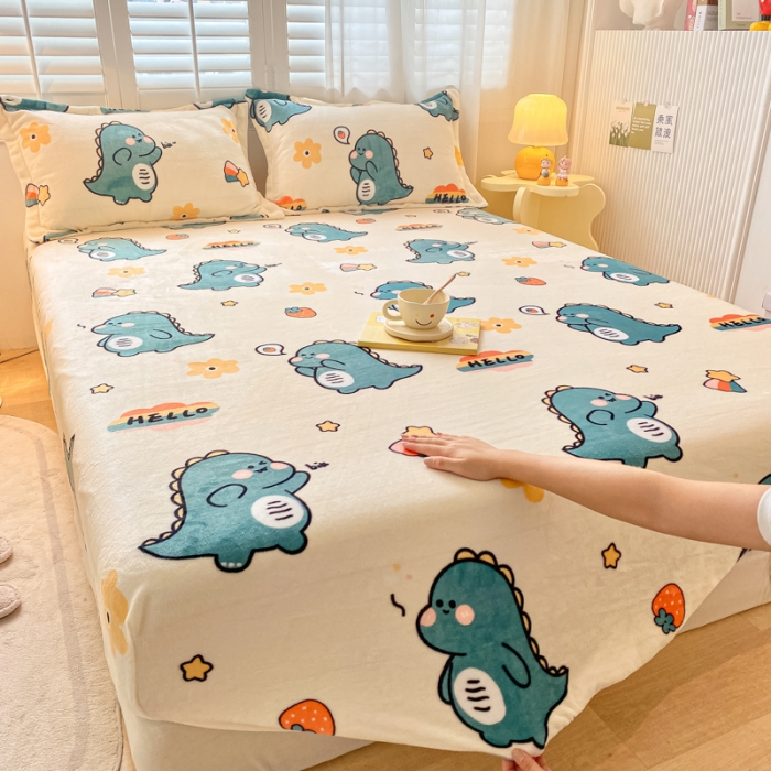 91家纺网 家纺一手货源 找家纺 欧邦 新款印花牛奶绒单品床笠 恐龙家族