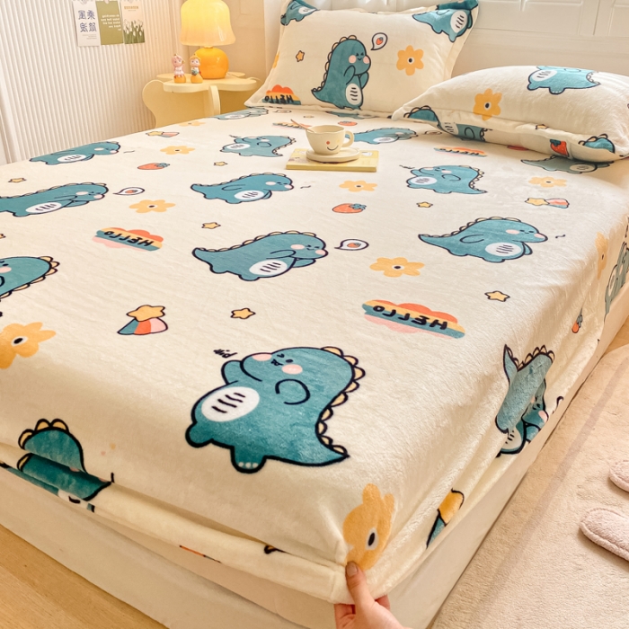 91家纺网 家纺一手货源 找家纺 欧邦 新款印花牛奶绒单品床笠 恐龙家族