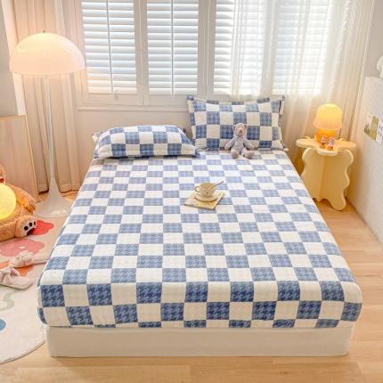 91家纺网 家纺一手货源 找家纺 欧邦 新款印花牛奶绒单品床笠 千鸟格蓝