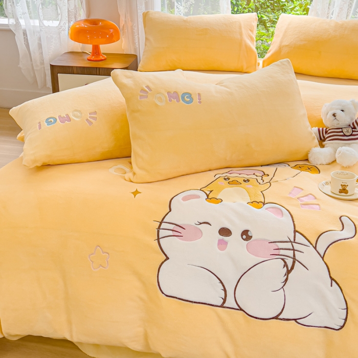 91家纺网 家纺一手货源 找家纺 米瑞娜 2024新款贴布绣牛奶绒四件套 好伙伴-黄