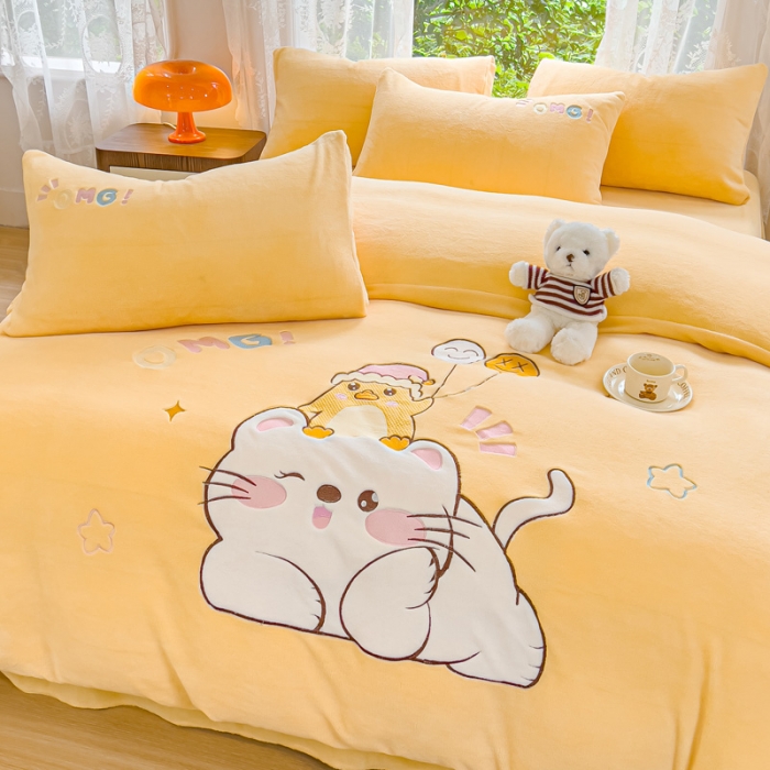 91家纺网 家纺一手货源 找家纺 米瑞娜 2024新款贴布绣牛奶绒四件套 好伙伴-黄