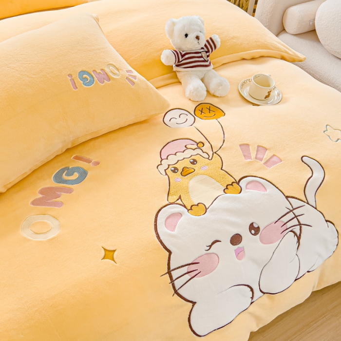 91家纺网 家纺一手货源 找家纺 米瑞娜 2024新款贴布绣牛奶绒四件套 好伙伴-黄