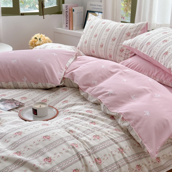 91家纺网 家纺一手货源 找家纺 时年 2023新款全棉印花优选系列四件套 淡粉佳人