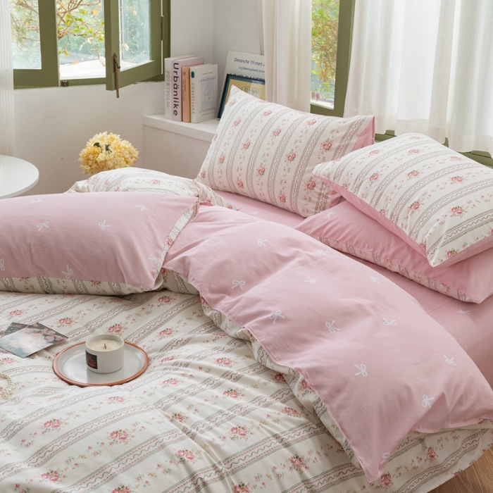 91家纺网 家纺一手货源 找家纺 时年 2023新款全棉印花优选系列四件套 淡粉佳人