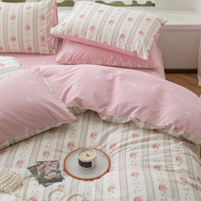 91家纺网 家纺一手货源 找家纺 时年 2023新款全棉印花优选系列四件套 淡粉佳人