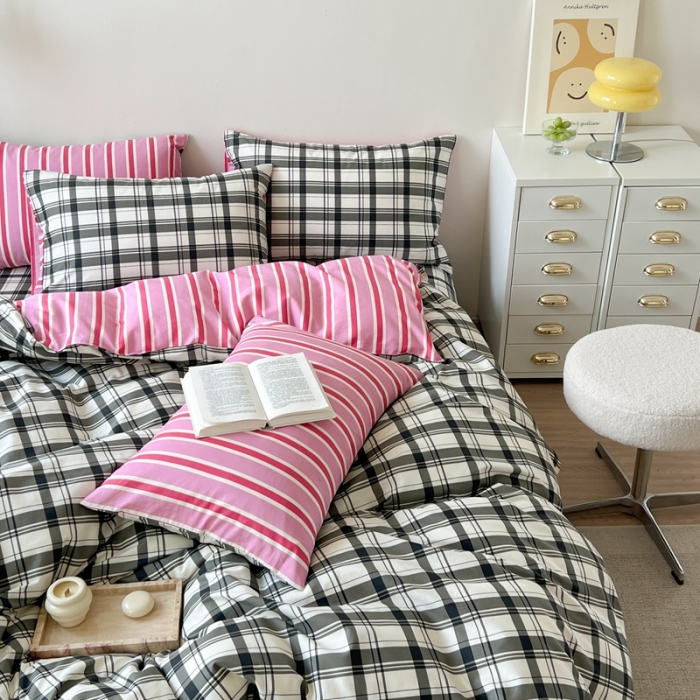 91家纺网 家纺一手货源 找家纺 时年 2023新款全棉印花优选系列四件套 简约黑格