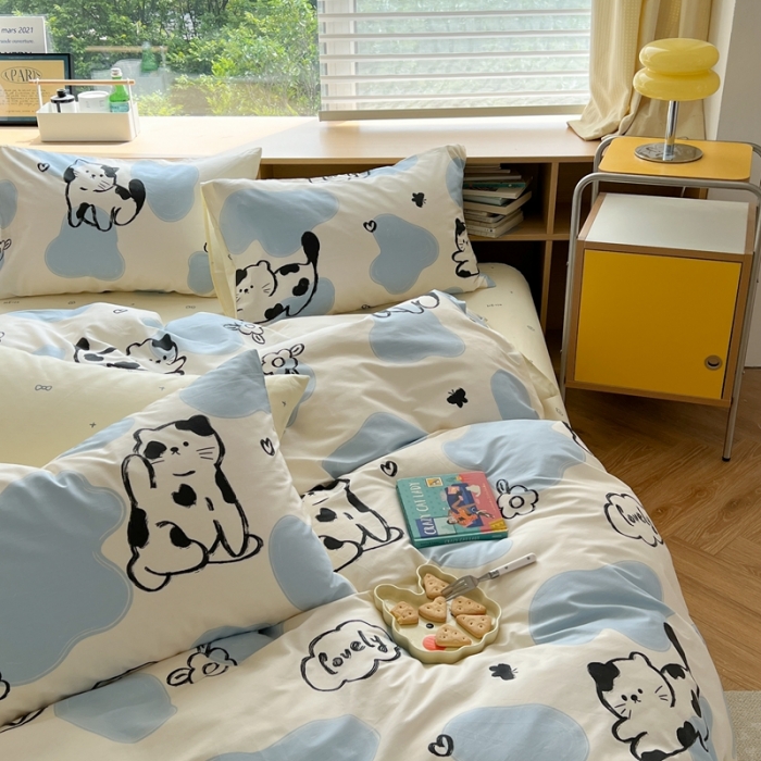 91家纺网 家纺一手货源 找家纺 时年 2023新款全棉印花优选系列四件套 奶牛猫