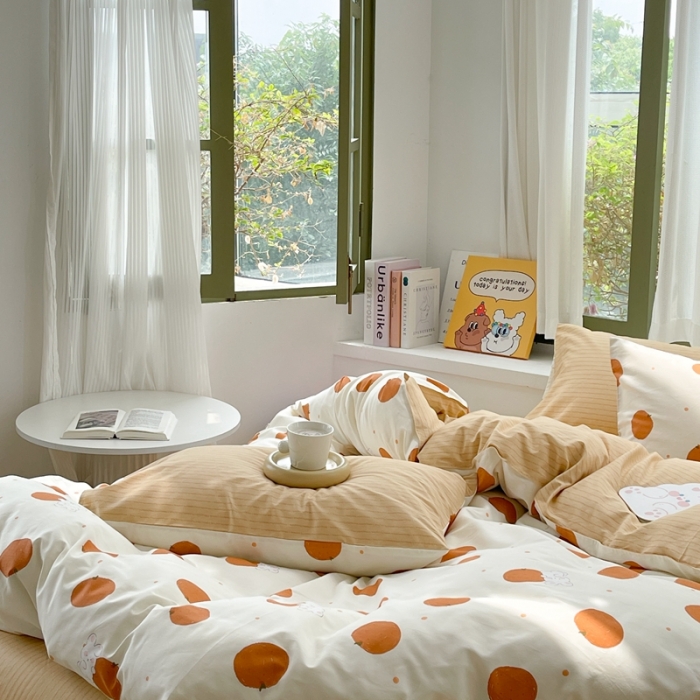 91家纺网 家纺一手货源 找家纺 时年 2023新款全棉印花优选系列四件套 甜橙兔