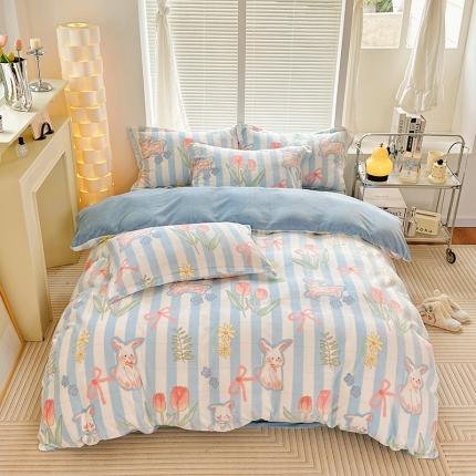 91家纺网 家纺一手货源 找家纺  2023新款牛奶绒卡通印花四件套 郁金香小兔