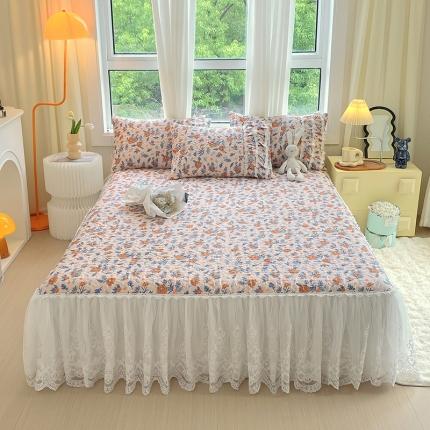 91家纺网 家纺一手货源 找家纺 罗艺轩 2024新款全棉蕾丝夹棉床裙巴黎春天系列三件套 丹尼斯