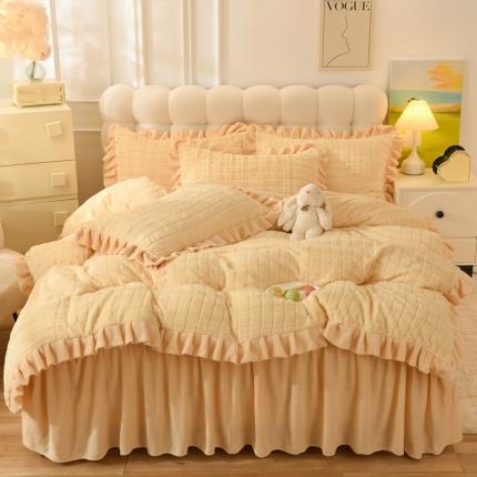 91家纺网 家纺一手货源 找家纺 韩约家纺 2023新款1母婴级兔兔绒牛奶绒韩版四件套-床裙款 依恋（奶油黄）