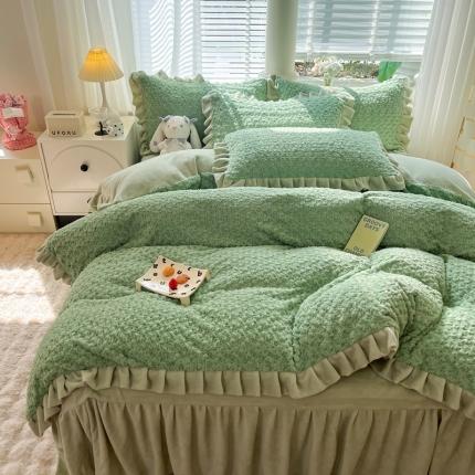 91家纺网 家纺一手货源 找家纺 韩约家纺 2023新款1母婴级兔兔绒牛奶绒韩版四件套-床裙款 约定（抹茶绿）
