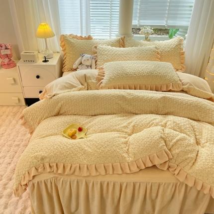 91家纺网 家纺一手货源 找家纺 韩约家纺 2023新款1母婴级兔兔绒牛奶绒韩版四件套-床裙款 约定（奶油黄）