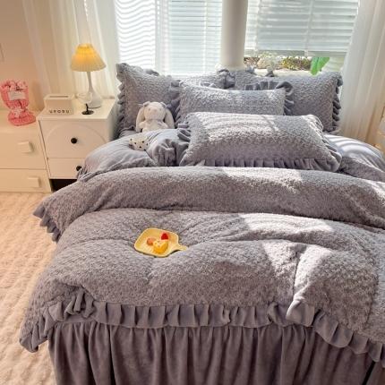 91家纺网 家纺一手货源 找家纺 韩约家纺 2023新1母婴级兔兔绒牛奶绒韩版四件套-床裙款 约定（绅士灰）