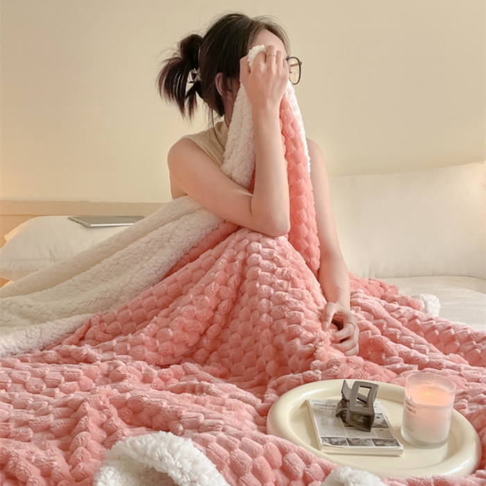 91家纺网 家纺一手货源 找家纺 欧邦 新款A类金龟绒提花豆豆绒毯子羊羔绒双层毛毯 丁香粉