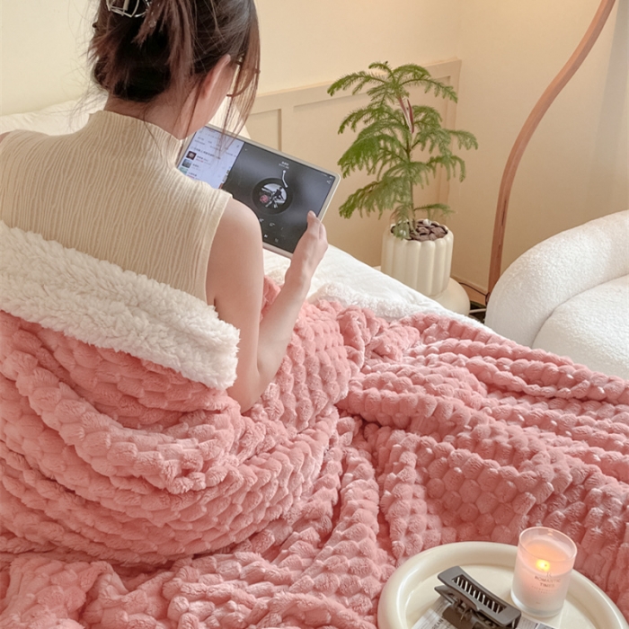 91家纺网 家纺一手货源 找家纺 欧邦 新款A类金龟绒提花豆豆绒毯子羊羔绒双层毛毯 丁香粉