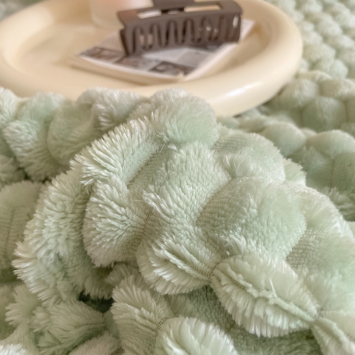 91家纺网 家纺一手货源 找家纺 欧邦 新款A类金龟绒提花豆豆绒毯子羊羔绒双层毛毯 豆绿