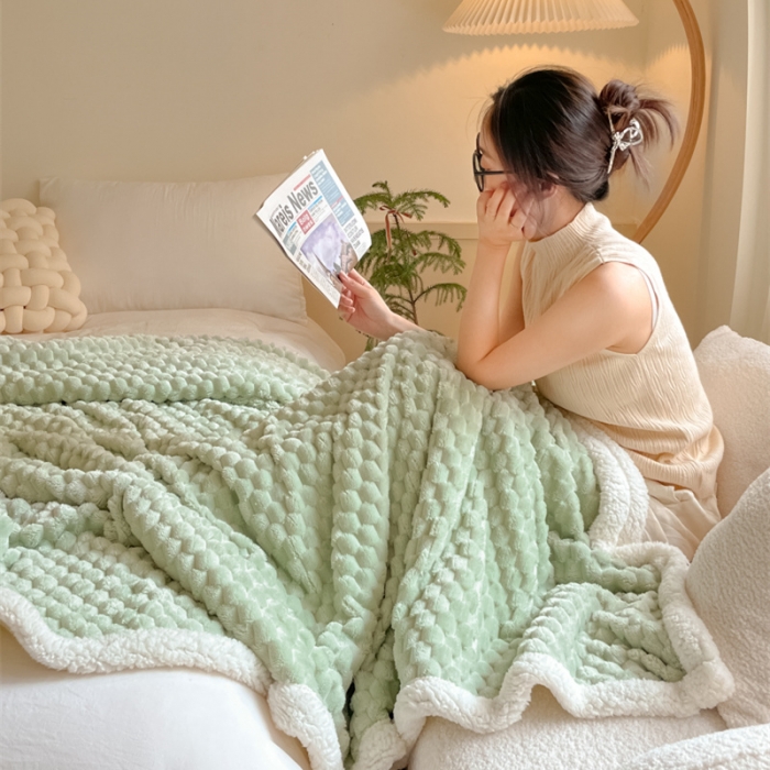 91家纺网 家纺一手货源 找家纺 欧邦 新款A类金龟绒提花豆豆绒毯子羊羔绒双层毛毯 豆绿