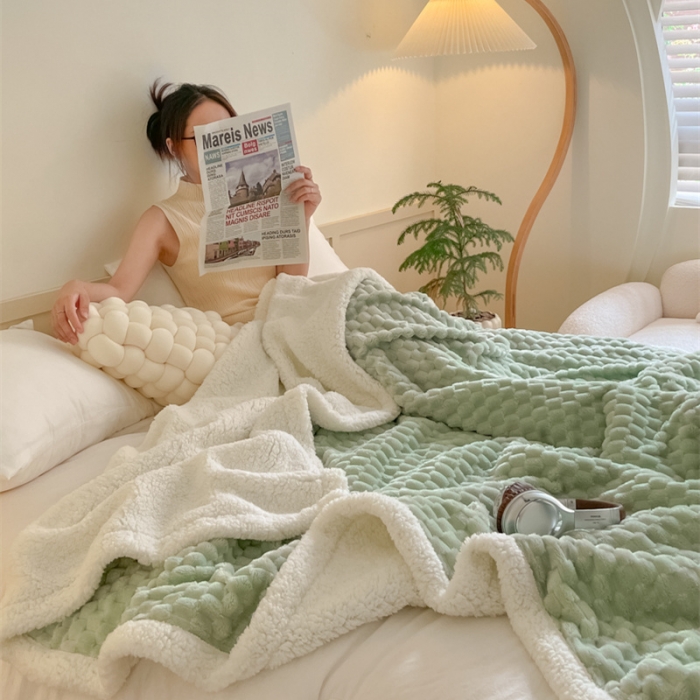 91家纺网 家纺一手货源 找家纺 欧邦 新款A类金龟绒提花豆豆绒毯子羊羔绒双层毛毯 豆绿